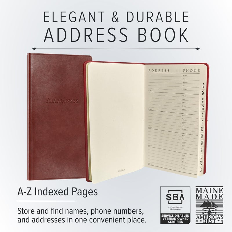 Gallery Leather Small Address Book with Alphabetical Tabs up to 403 Records, Leather Notebook Hardcover, Telephone and Address Books - 6x3.25", Pocket Address, Acadia Burgundy - Image 2